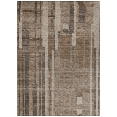 3' X 5' Brown And Beige Striped Washable Indoor Outdoor Area Rug