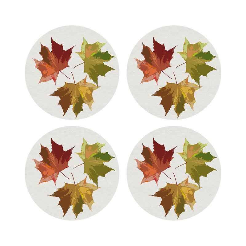 Autumn Leaves Vegan Leather Round Pebble Placemat, White