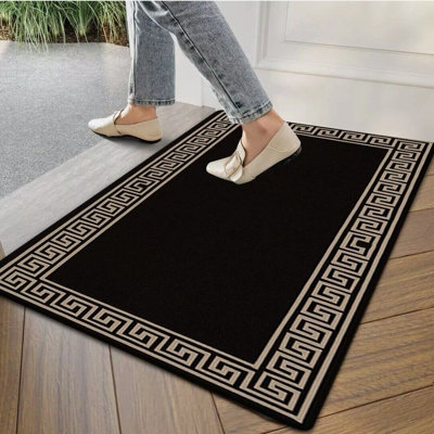 Plain Rug with Greek key Bordered Gel backed Rug Amorrah Black/Beige Rug