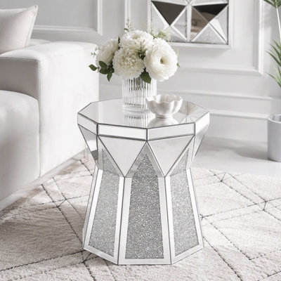 Table basse miroir de style tambour avec incrustations de cristal