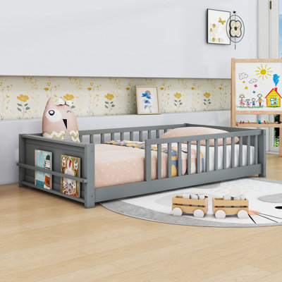 Twin Wooden Floor Platform Bed With Built-In Book Storage Rack And Guardrails