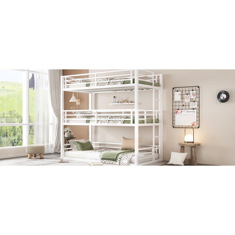 Twin Xl Triple Bunk Bed In White Metal, Frame With Guardrails, Noise-Reducing Build, Ideal For Growing Of Heavy-Duty And Safe Rails, Noise-Reduced, Suitable ' Shared Sleep Areas