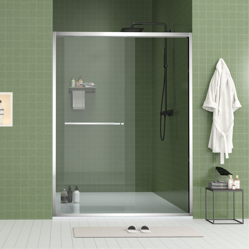 60" Wide And 70" High Aluminum Frame Bypass Bathroom Sliding Door With Double Handle As Towel Rail, - Crash Angle, Mute Rollers, Easy To Install 56 Adjustable Width 8Mm & Tempered Glass, Stainless