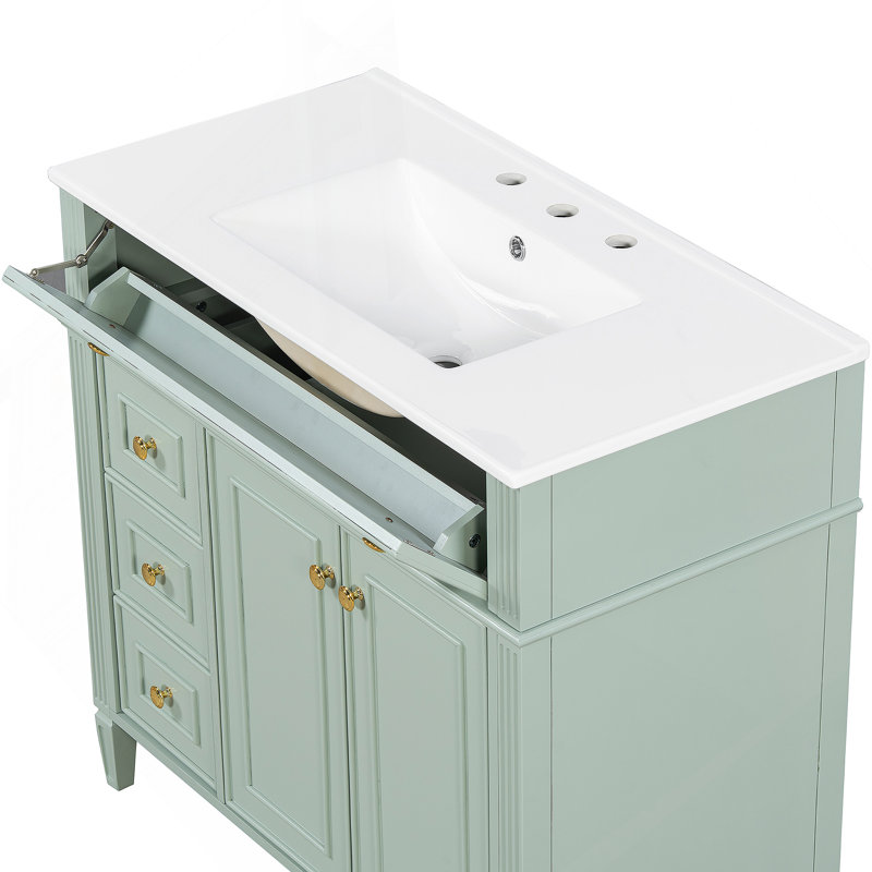 Meuble-lavabo de salle de bain avec lavabo, armoire en bois avec tiroir et 2 portes à fermeture en douceur, Vert
