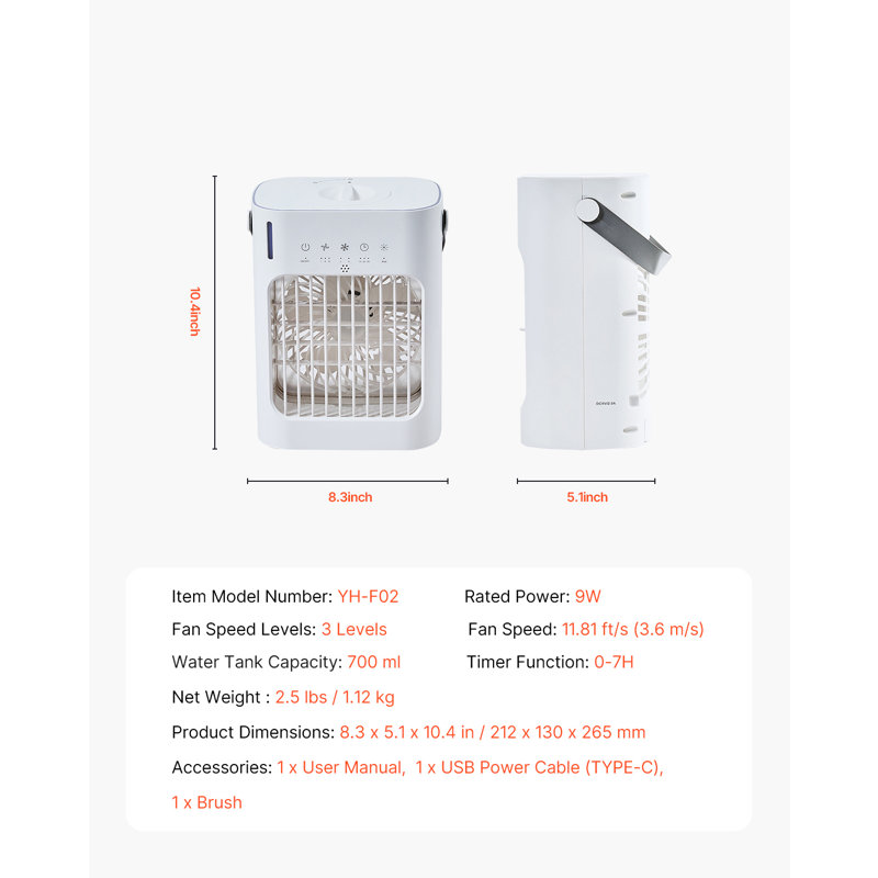 Climatiseur portatif 4-en-1 refroidisseur d'air évaporatif réservoir d'eau 700 ml
