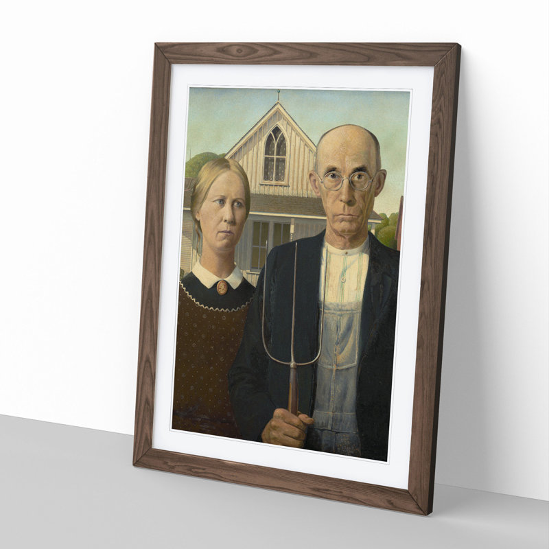 American Gothic by Grant Wood - Picture Frame Painting, Walnut Framed, 36cm H x 27cm W x 2cm D