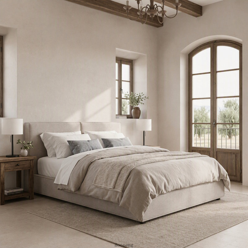 Lit plateforme tapissier grand capitonné Modern, Beige