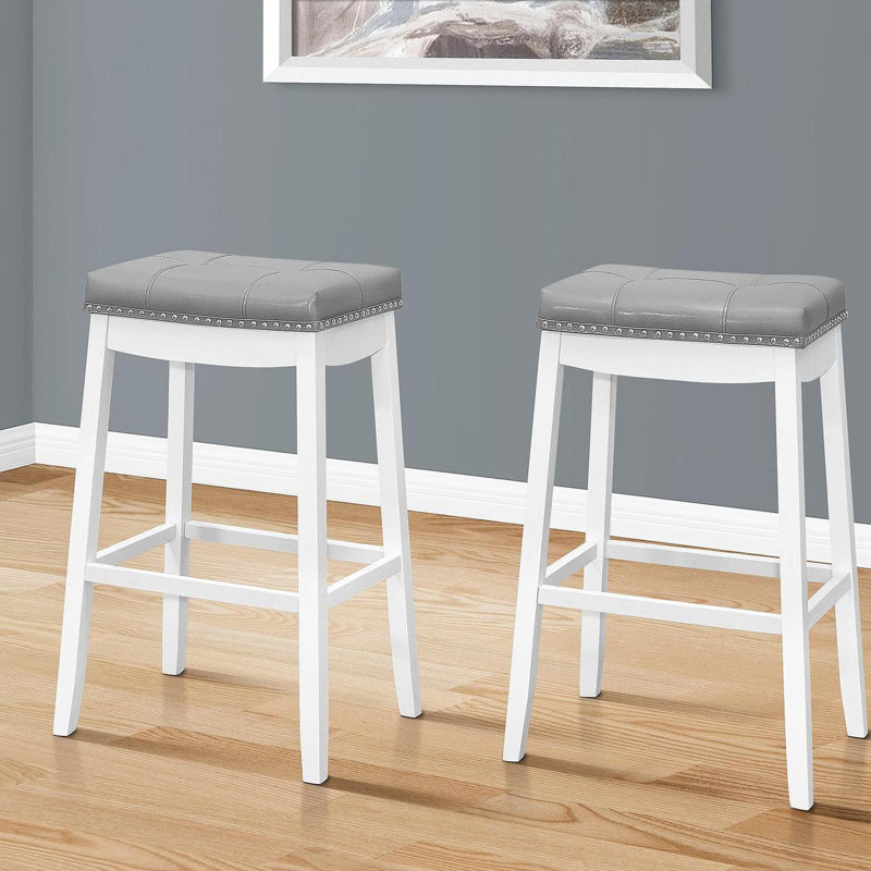 Bar Stool, Set Of 2, Bar Height, Saddle Seat, White Wood, Grey Leather Look, Transitional