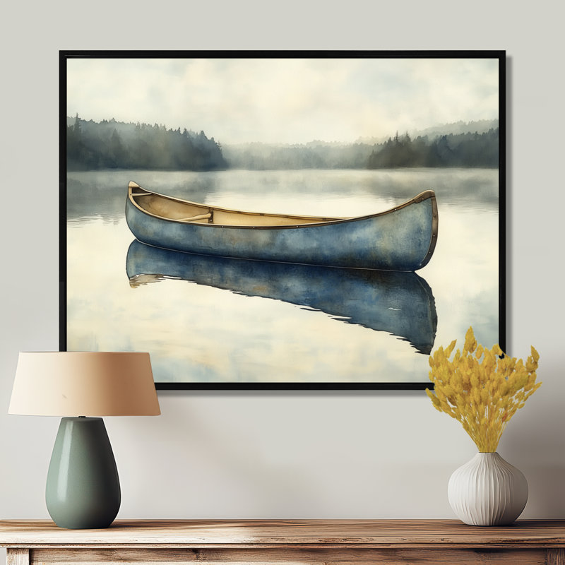«Soft Canoe Lake II - Blue Lakeside», art mural, H 24 po x l 32 po, Cadre flottant noir