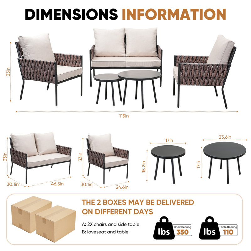 5 Pieces Patio Furniture Set,Outdoor Conversation Set with 2 Round Side Tables,Modern Metal Outdoor Couch with Waterproof Cushions for Backyard,Porch