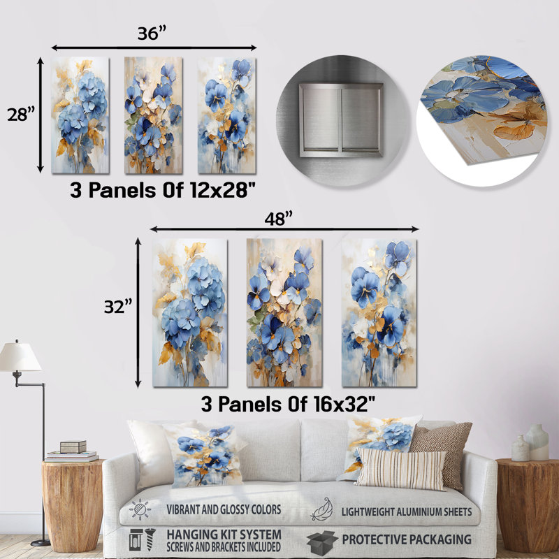 Ensemble de salon 3 pièces bleu et doré Minimalisme Pensy Radiance, H 32 po x l 48 po