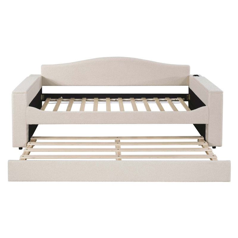 Lit de jour simple rembourré avec accoudoirs de rangement, couchette et dernier système audio Bluetooth intégré, molleton Teddy, beige