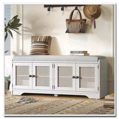 Storage Bench  with Removable Cushion, Woven Rattan Doors & Adjustable Shelves