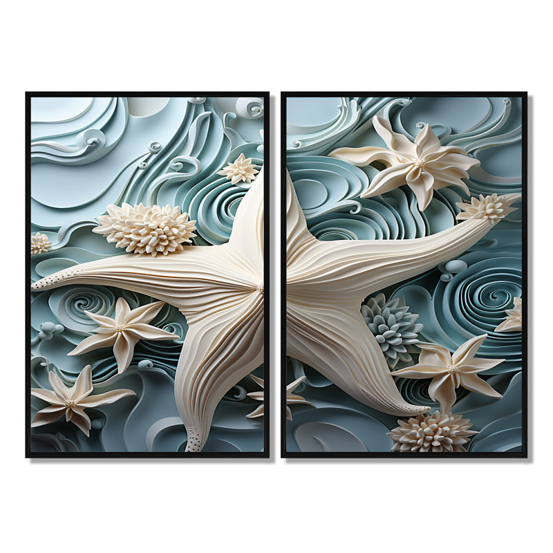 «White and Blue Oceanic Starfish Gem», reproductions sur toile d'animaux, Black, 36" H x 48" W, Floater Framed Print