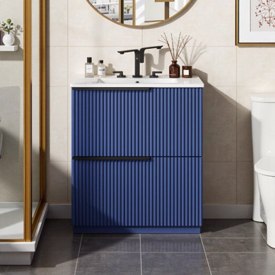 Meuble-lavabo autoportant bleu 30 po avec lavabo en céramique, tiroirs pleine extension à fermeture en douceur et conception cannelée