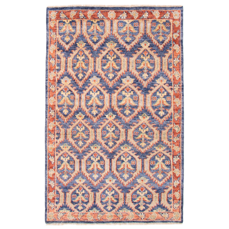 Tapis unique en laine noué à la main nouvel âge de 5 pi 7 po x 8 pi 7 po Terrel en rouge / orange / bleu marine foncé