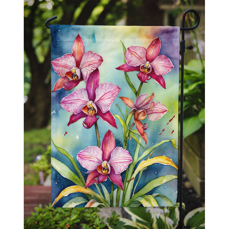 Orchidées paphiopedilum, drapeau du jardin, Orchidées