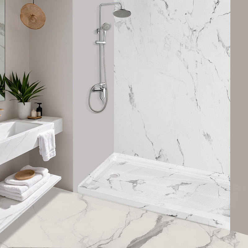 60" x 32" Rectangular Acrylic Shower Base with Left Drain - Triple Flange Alcove Shower Pan with Slip-Resistant Floor, Left