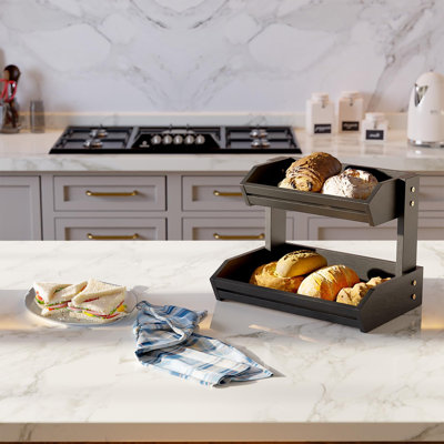 2-Tier Acacia Wood Fruit Basket - Kitchen Counter Organizer for Fruits, Veggies & Snacks