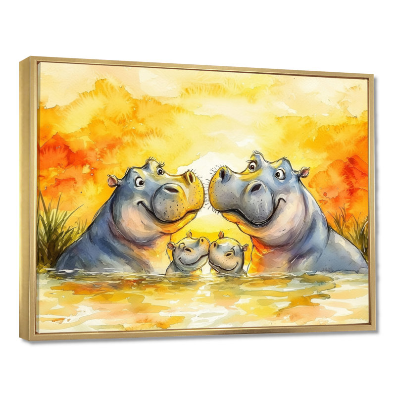 Famille d'hippopotame en Afrique I - impression d'art mural hippopotame, H 16 po x l 32 po, Gold