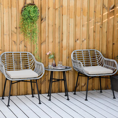 3 bistro de patio extérieur, meubles avec coussins moelleux et table en verre trempé, PE, étonnant pour le jardin, porche, piscine, cour, coussins de table 3 pièces blanc crème, jardin de style moderne