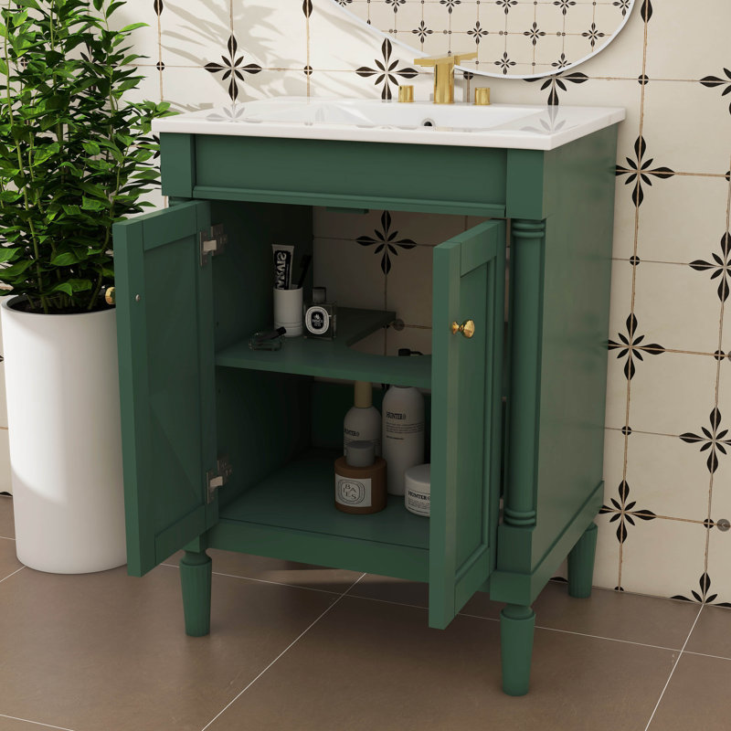 Meuble-lavabo de salle de bain sophistiqué 24 po avec lavabo supérieur à 2 niveaux avec esthétique moderne, Vert, Doré
