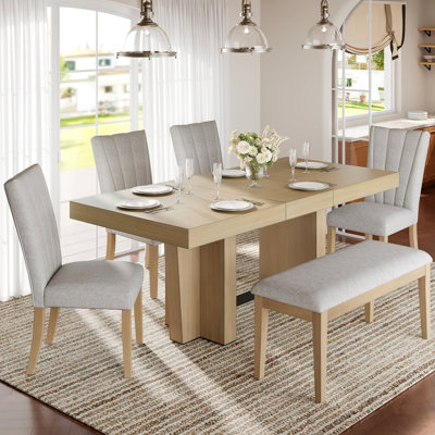 Farmhouse 78.1inch Extendable Wood Dining Table Set for 6, Kitchen Table Set with Bench and 4 Upholstered Chairs,3.8inch Thick Tabletop and Trestle Legs