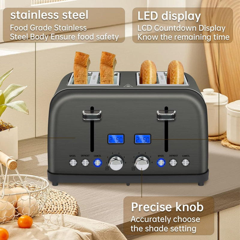 Toaster 4 Slice, LCD Display, 6 Shade Settings, 1.5'' Wide Slots Toaster,1500W, Gray