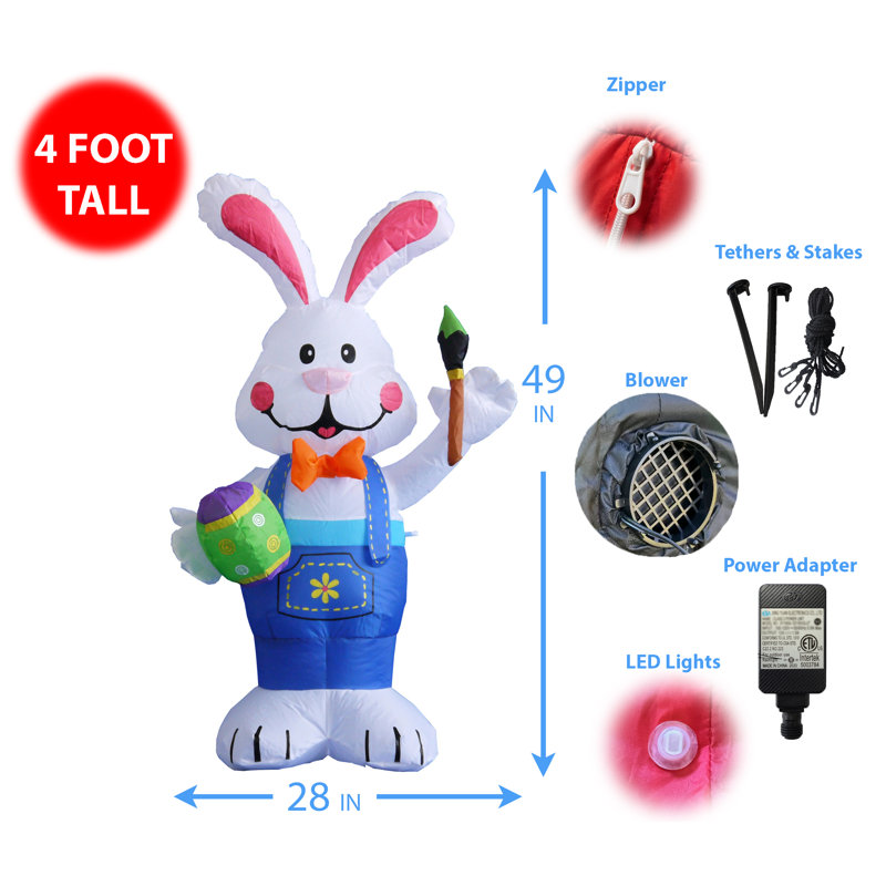 4 Foot Tall Happy Easter Inflatable Bunny Rabbit with Paintbrush and Egg