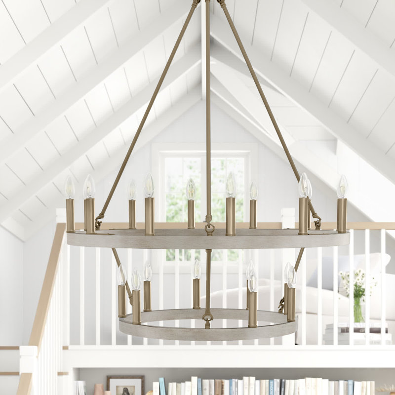 Daromir 20 - Light Dimmable Wagon Wheel Chandelier, Driftwood/Brass Dust