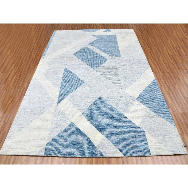 Tapis bleu / blanc nouvel âge en laine noué à la main de conception unique 9 pi 2 po x 12 pi 3 po Vitalij