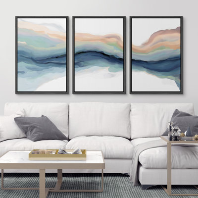 «Pastel Watercolor Blue Paint Stroke Abstract Landscape», reproduction d'art sur toile encadrée, décoration murale