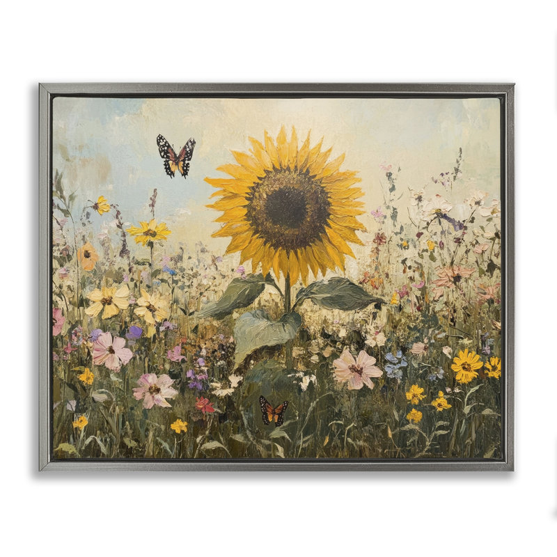 Cadre flottant Sunflower Wonder Summer Meadow, design par Petal Prints Design, Cadre flottant gris lustré, H 17 po x l 21 po