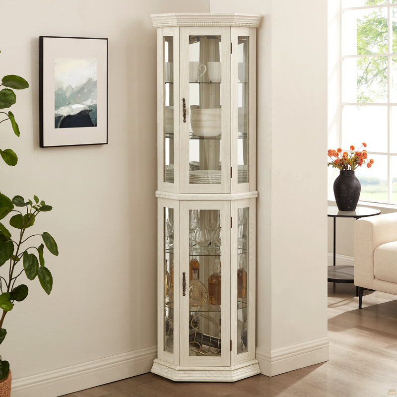 Vitrine de coin lumineuse - présentoir en verre avec portes en verre trempé, tablettes réglables, Blanc