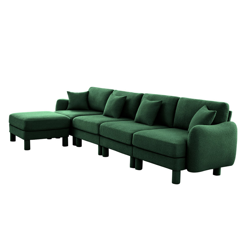 Boucle Fabric Sectional Sofa, Green Polyester, 35" H x 141" W x 67.3" D