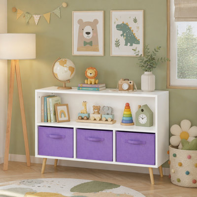 Bibliothèque avec tiroirs en tissu pliables, rangement multifonctionnel pour livres et jouets, blanc / mauve