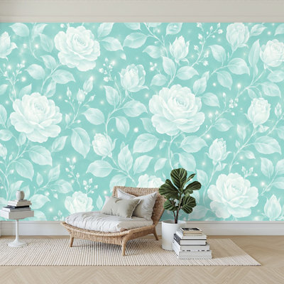 Wall Mural Peel and Stick Wallpaper Floral Botanical Line Art White Mint Green Self-Adhesive Removable Contact Paper Wall Decor for Living Room Bedroom 100"H x 144"W