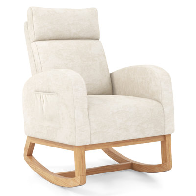 Nursery Rocking Chair Upholstered Chenille Rocker Armchair w/ Side Pocket