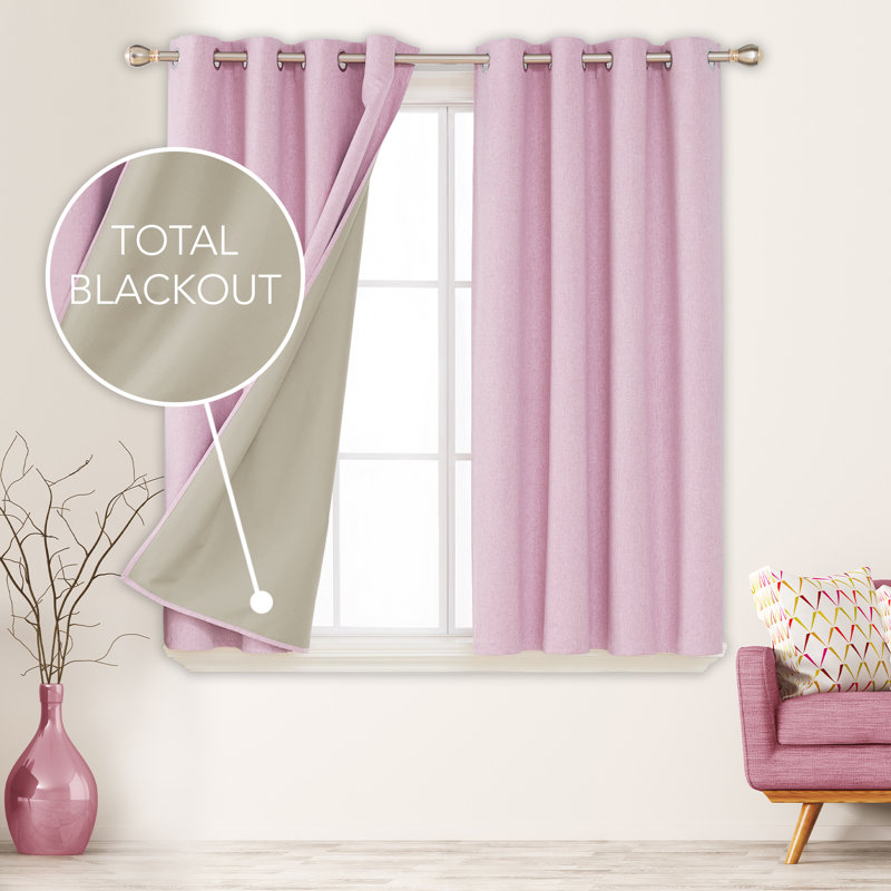 Lythrodontas Faux Linen Total Blackout Curtain Panels, 52" W x 45" H, Pink