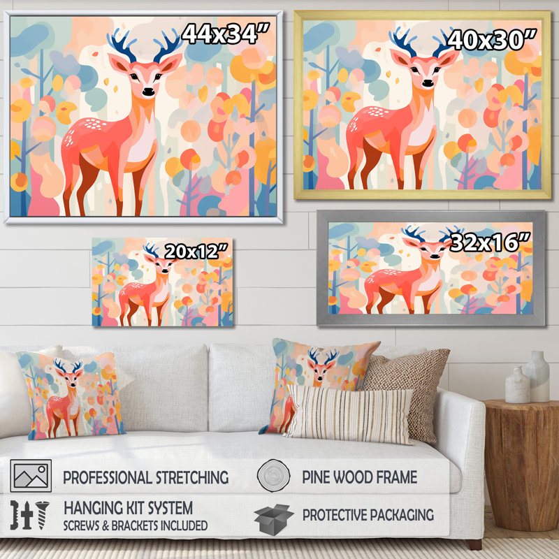 Art floral mural, cerf rose, Cadre flottant noir, H 24 po x l 32 po x P 1 po