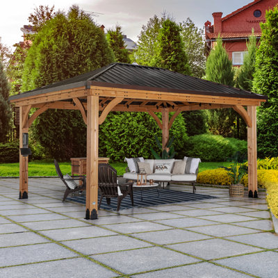 Backyard Discovery Barrington Cedar Wood Outdoor Patio Gazebo with Hardtop Galvanized Steel Hip Roof and PowerPort