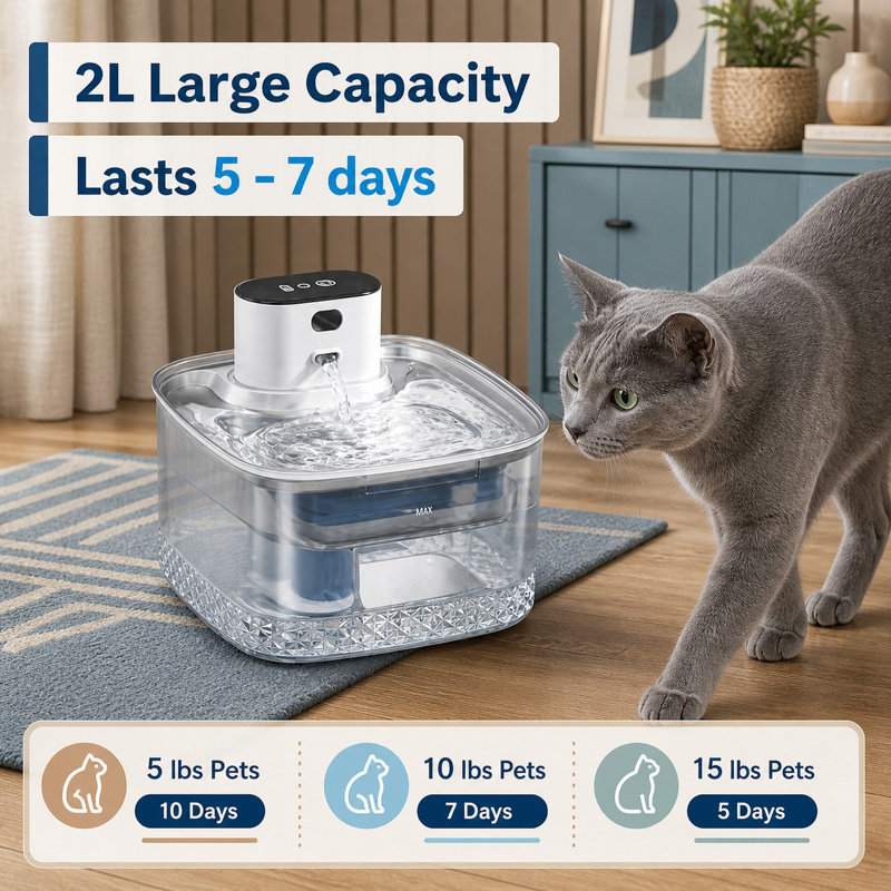 2L Cordless Cat Fountain with a stainless steel tray.