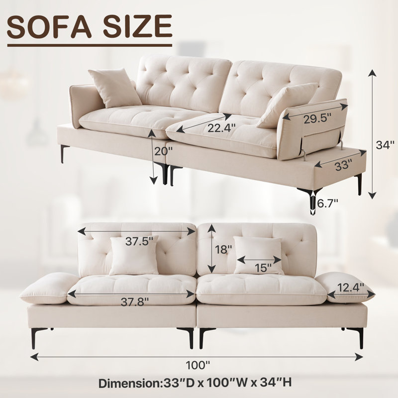 75.6'' Upholstered Deep Sofa with Foldable Armrests, Beige
