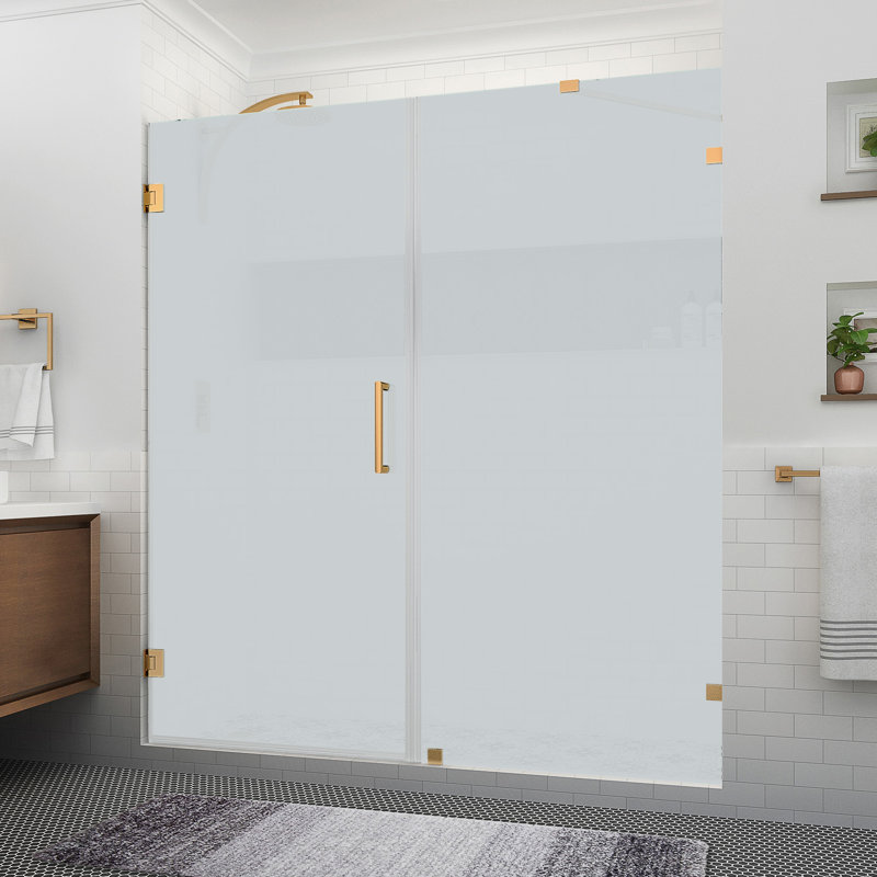 Nautis XL 70.25 to 71.25 in. W x 80 in. H Hinged Frameless Shower Door W/ Ultra-Bright Frosted Glass, Brushed Gold