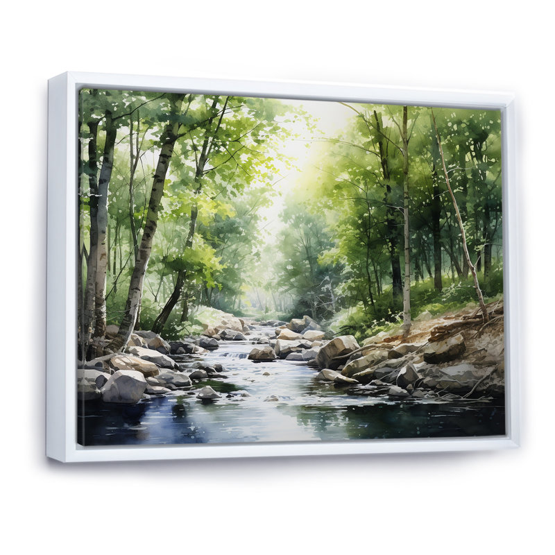 Rivière, forêt, trésor caché, paysage II, Cadre flottant blanc, H 30 po x l 40 po x P 1,5 po