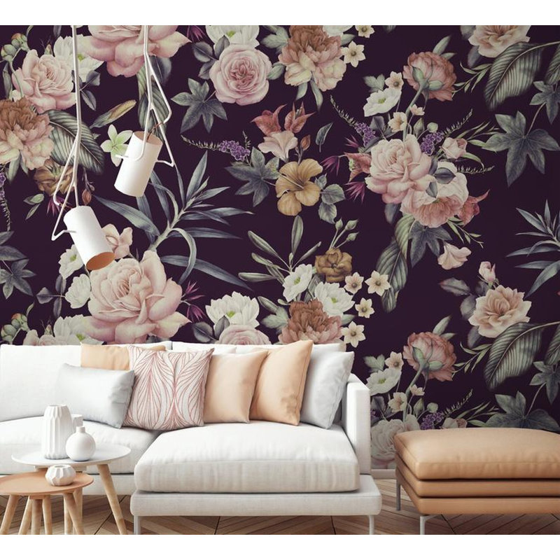Papier peint amovible foncé avec bouquet de fleurs et feuilles, L 48,96 po x l 75 po