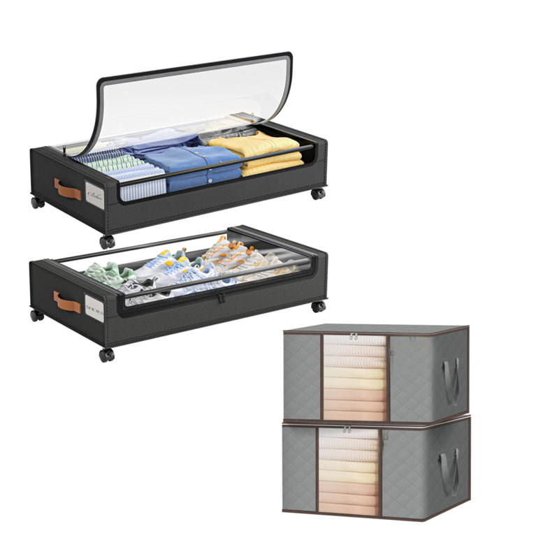 4pcs Storage Box 2 Pack Clothes Storage Bags and 2 Pack Under Bed Storage with Wheels