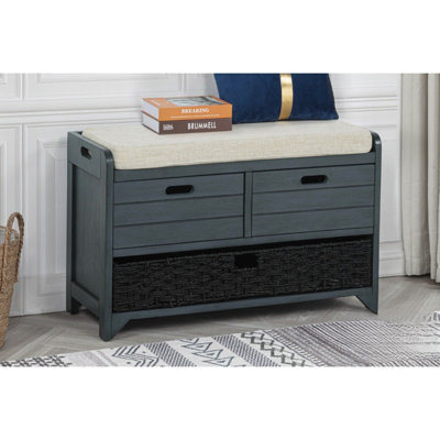 Banc de rangement avec panier amovible et 2 tiroirs, banc à chaussures entièrement assemblé avec coussin amovible, gris