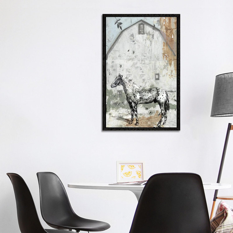 Barn with Horse 1 Piece Wall Art on Canvas, 101.6 cm H x 66.04 cm W, Black Floater Frame