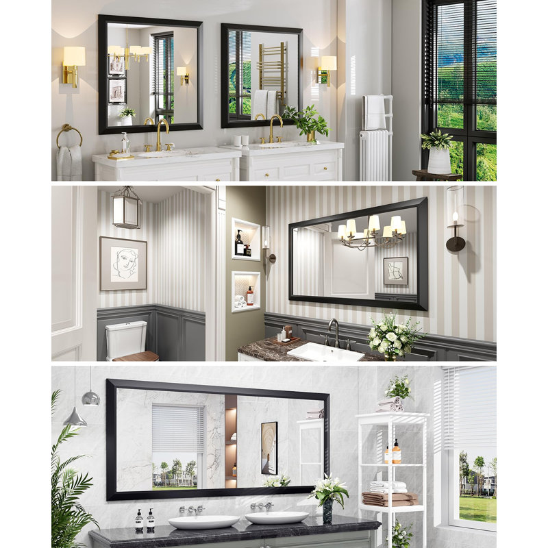 Amara Tempered Glass Mounted Wall Mirror, 48" x 32", Light Yellow Wood